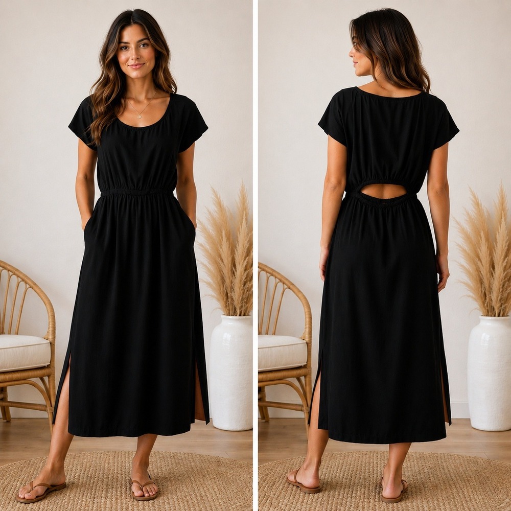 Universal Thread Black Cotton Cutout Back Midi Dress Short Sleeve pockets L